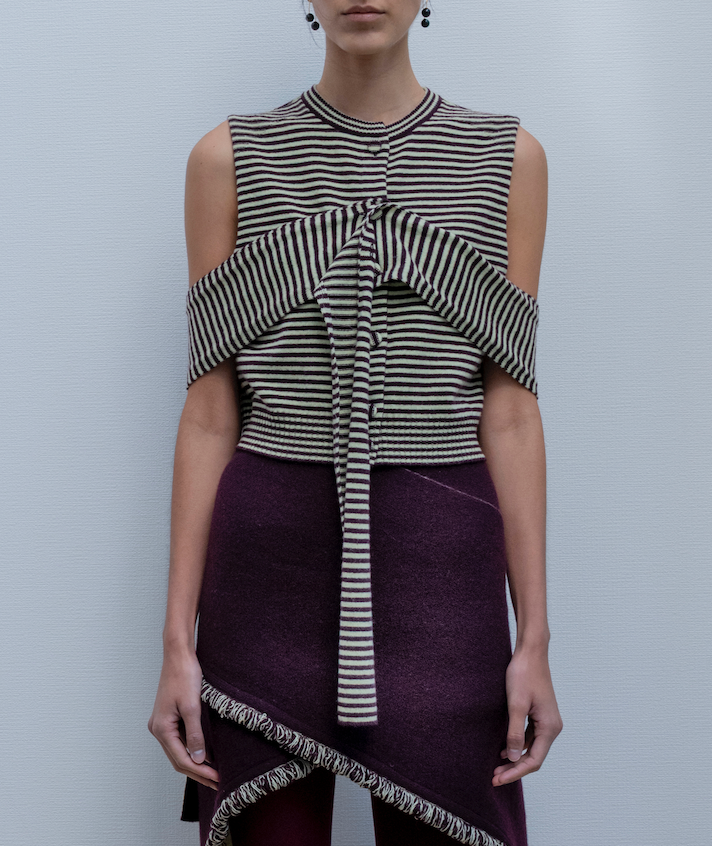 CASHMERE STRIPED KNIT VEST WITH LONG SCARF [WINE×LT GREEN]