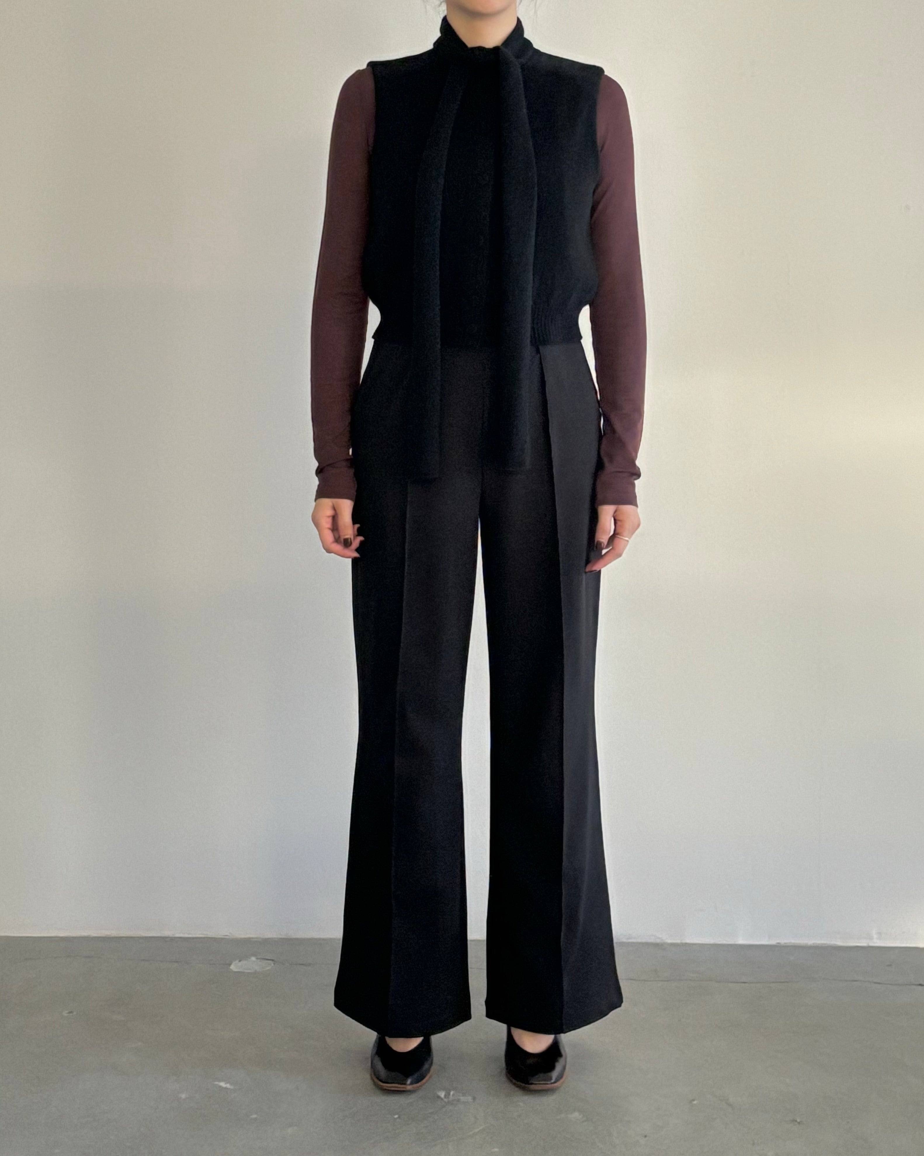 CASHMERE STRIPED KNIT VEST WITH LONG SCARF [BLACK]