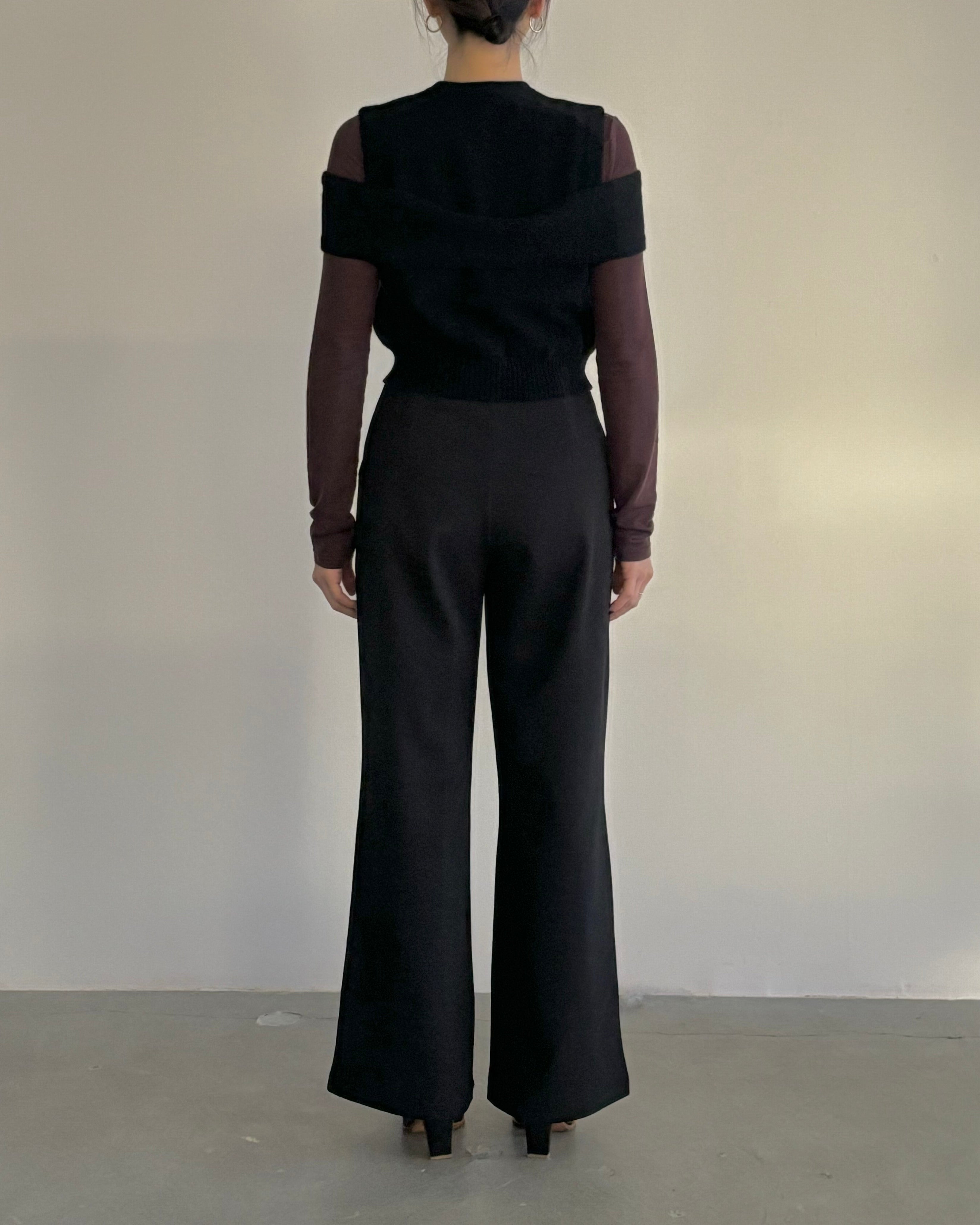 CASHMERE STRIPED KNIT VEST WITH LONG SCARF [BLACK]