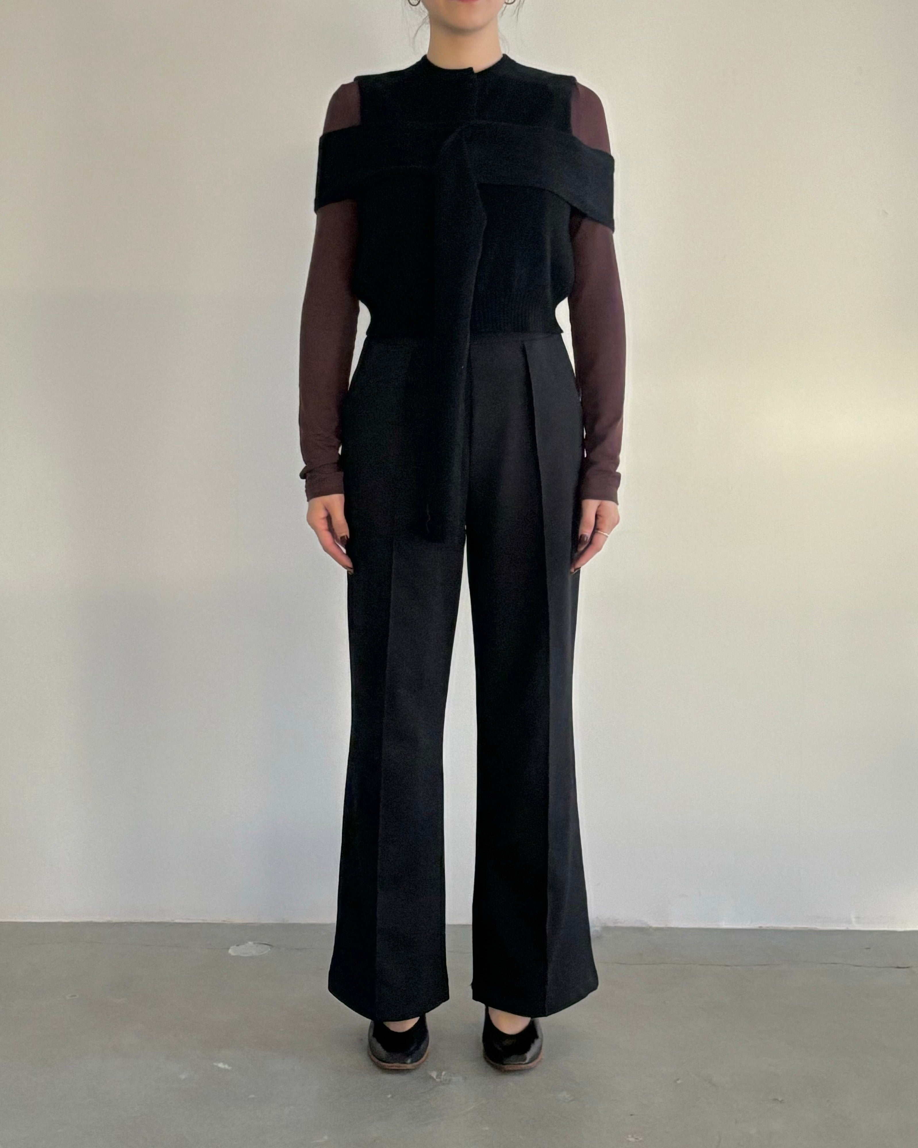 CASHMERE STRIPED KNIT VEST WITH LONG SCARF [BLACK]