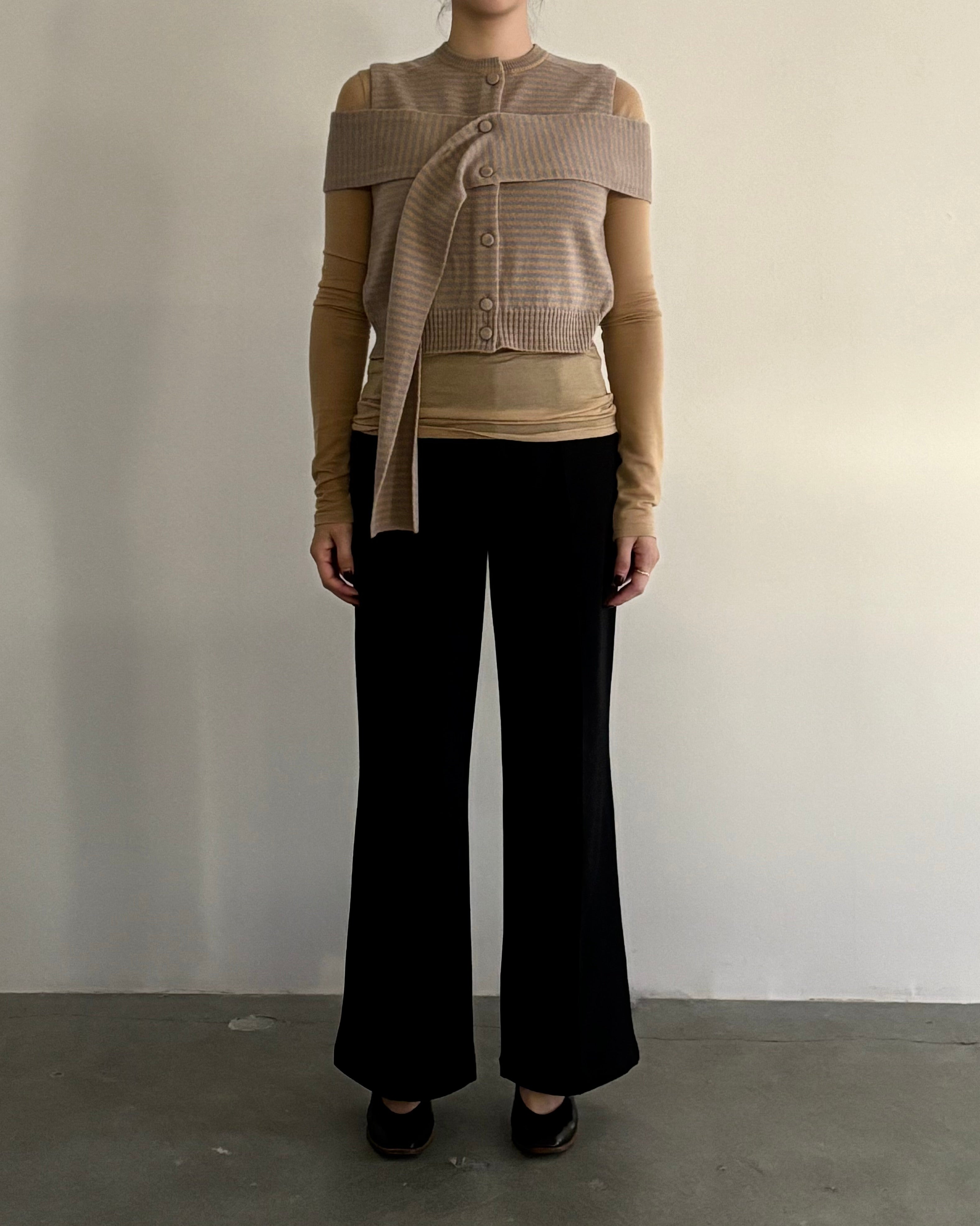 CASHMERE STRIPED KNIT VEST WITH LONG SCARF [CAMEL×LAVENDER]