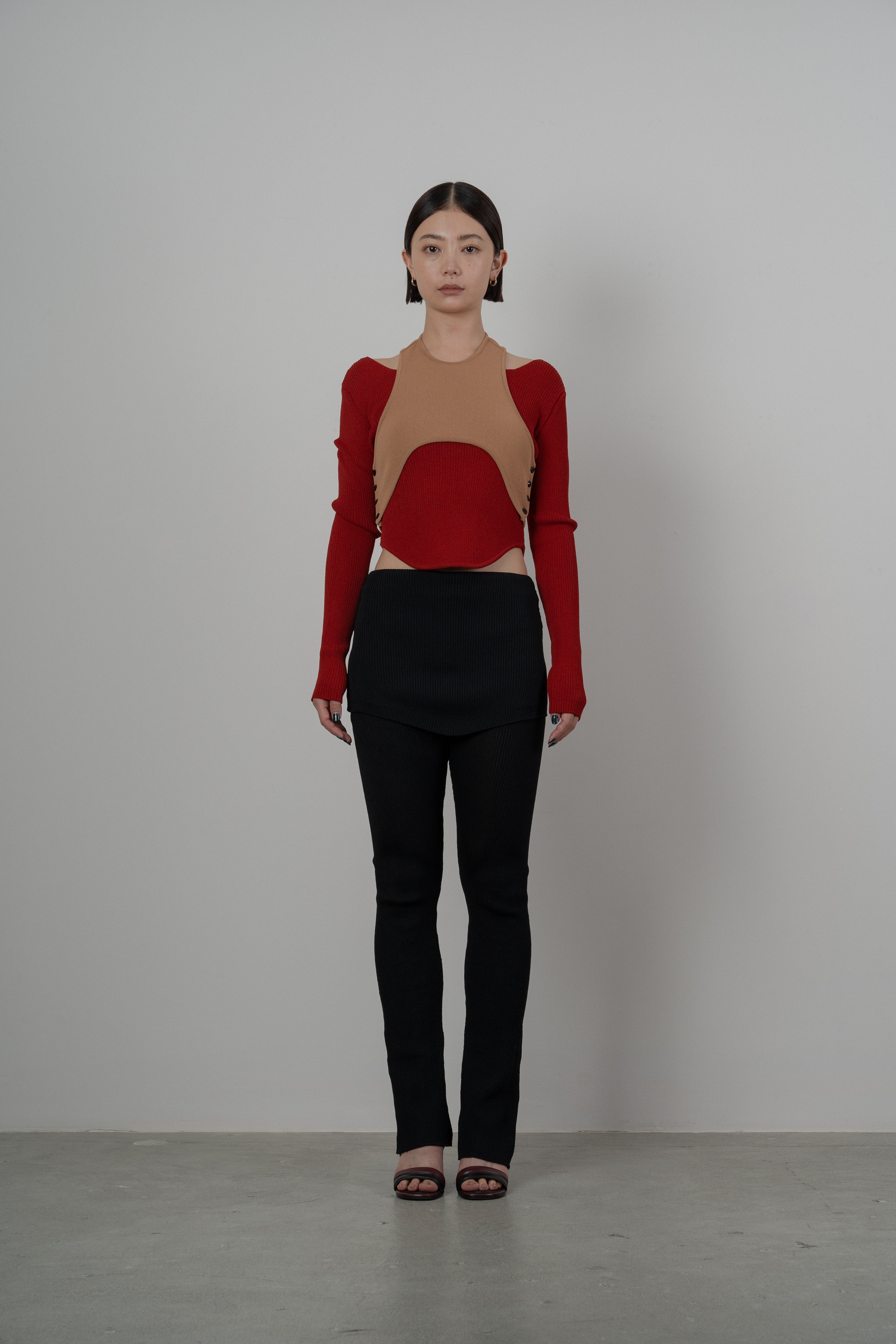 MATT RIB LAYERED KNIT TOPS [RED]