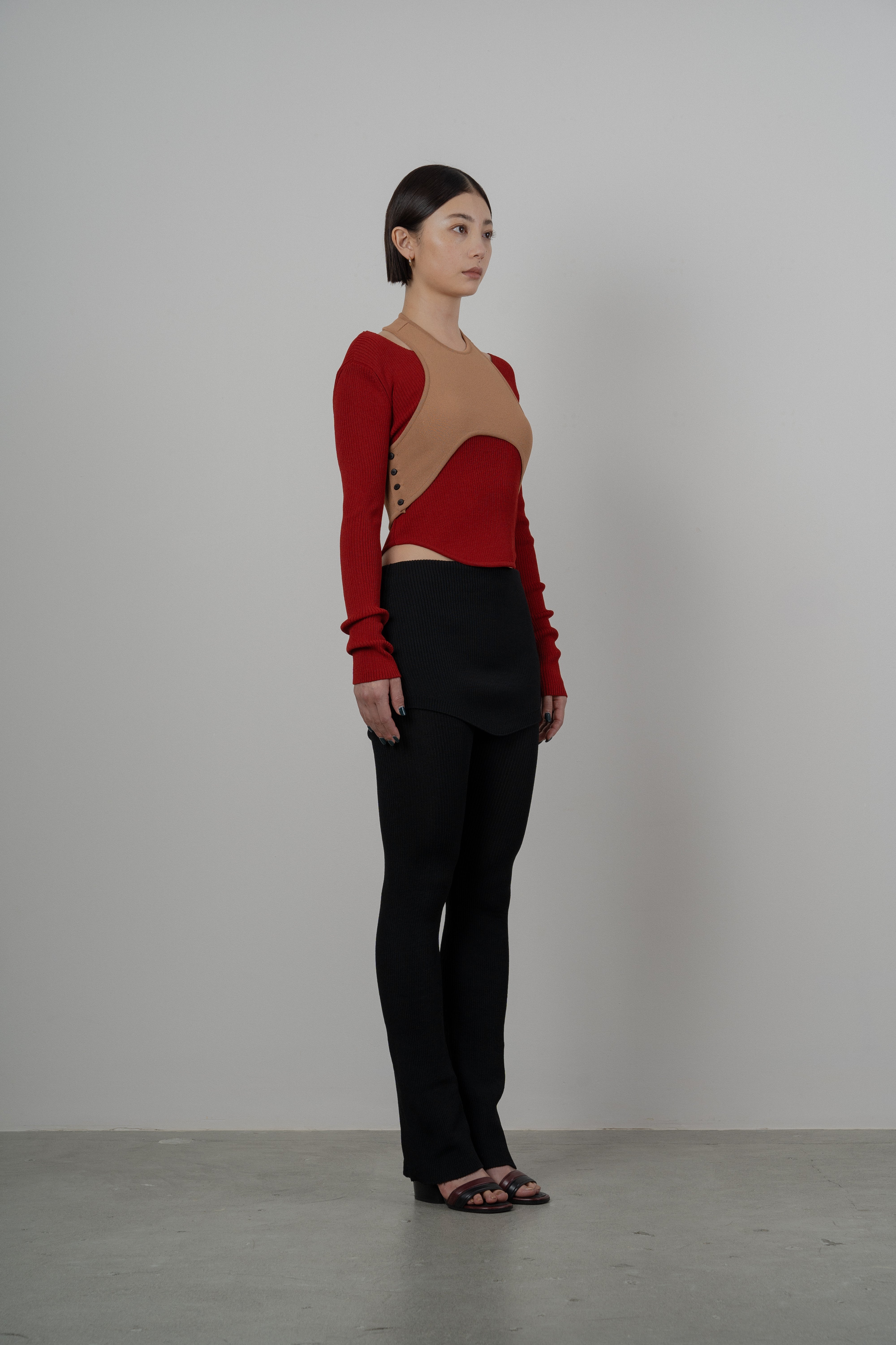 MATT RIB LAYERED KNIT TOPS [RED]