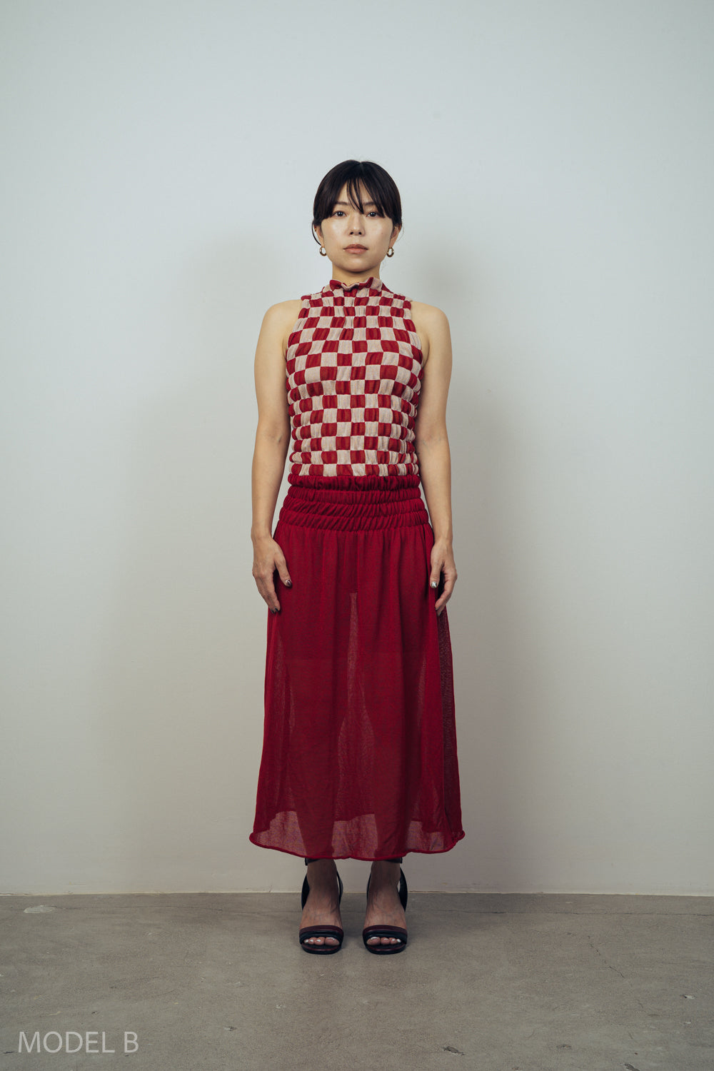 SHIRRING CHECKED DRESS [NAVY]