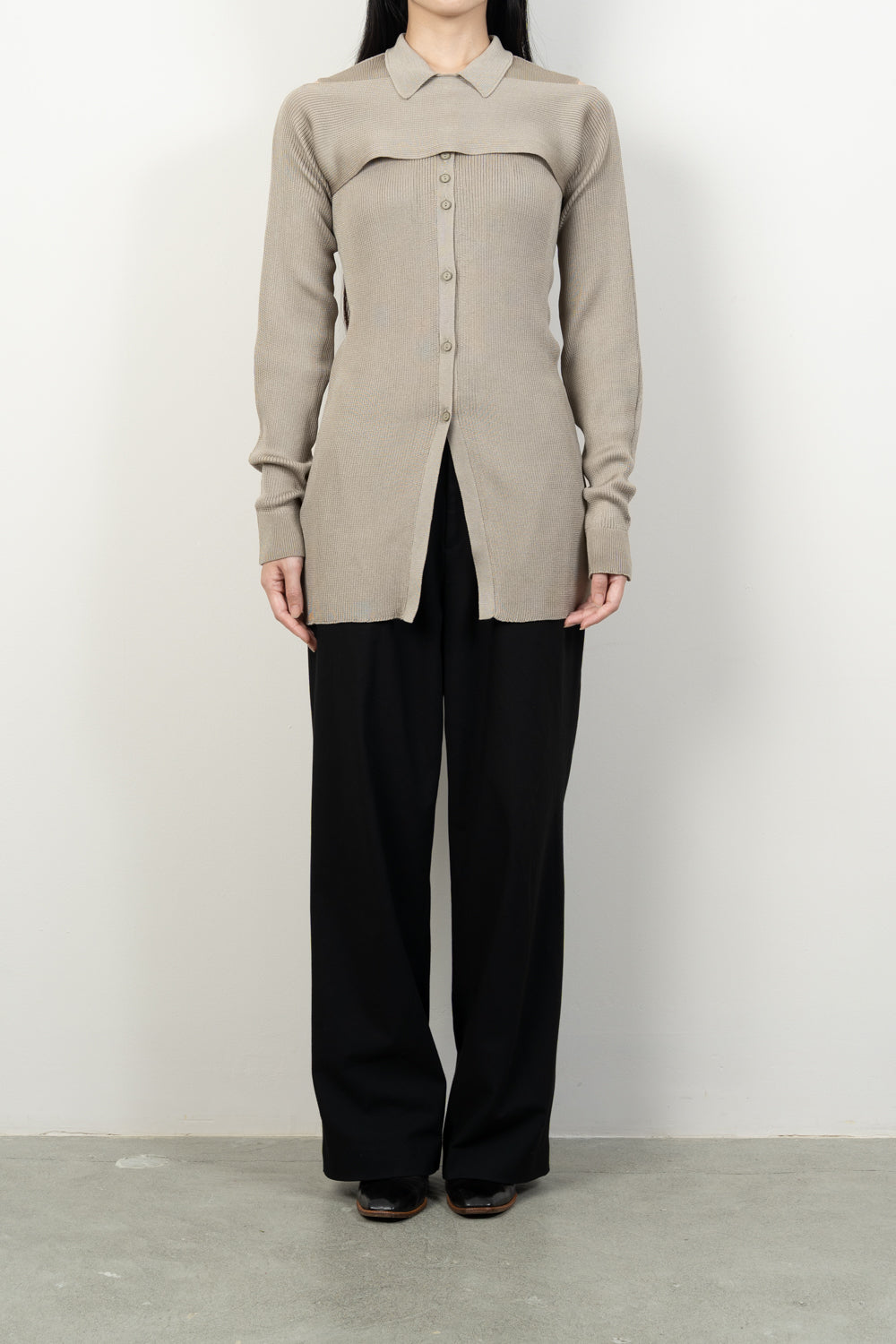 2-PIECE RIBBED CARDIGAN [KHAKI BEIGE]
