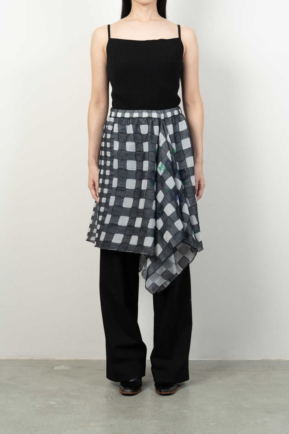 FLOWER PRINTED GINGHAM KNIT SKIRT [BLUE]