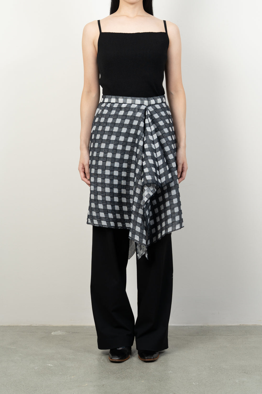 FLOWER PRINTED GINGHAM KNIT SKIRT [BLUE]
