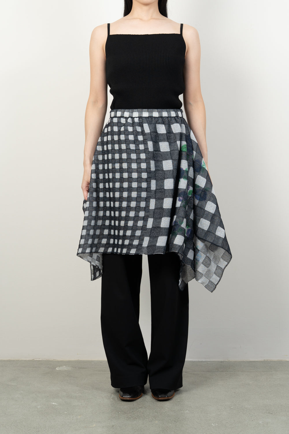 FLOWER PRINTED GINGHAM KNIT SKIRT [BLUE]
