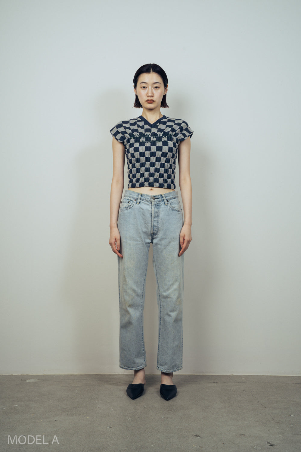 SHIRRING CHECKED TOPS [NAVY]