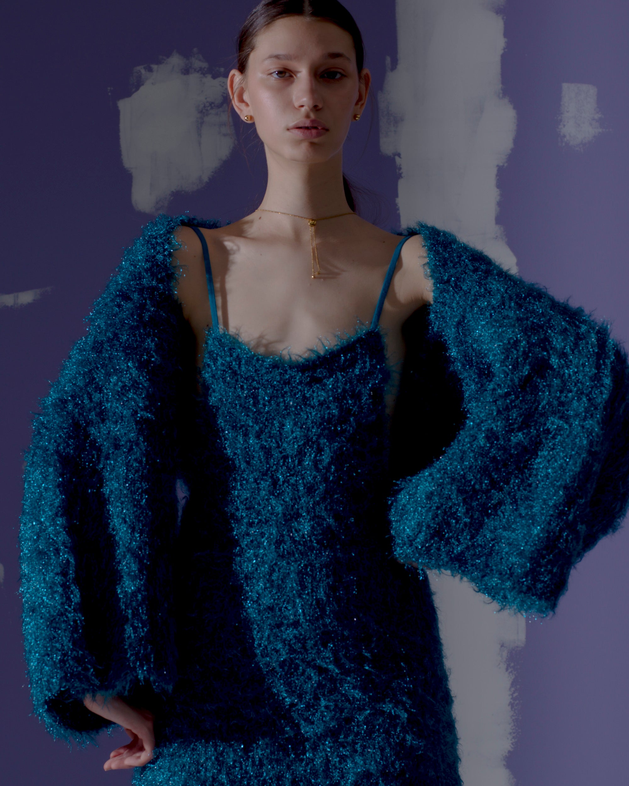 METALLIC LIKE SHAGGY BOLERO [MIDNIGHT BLUE]