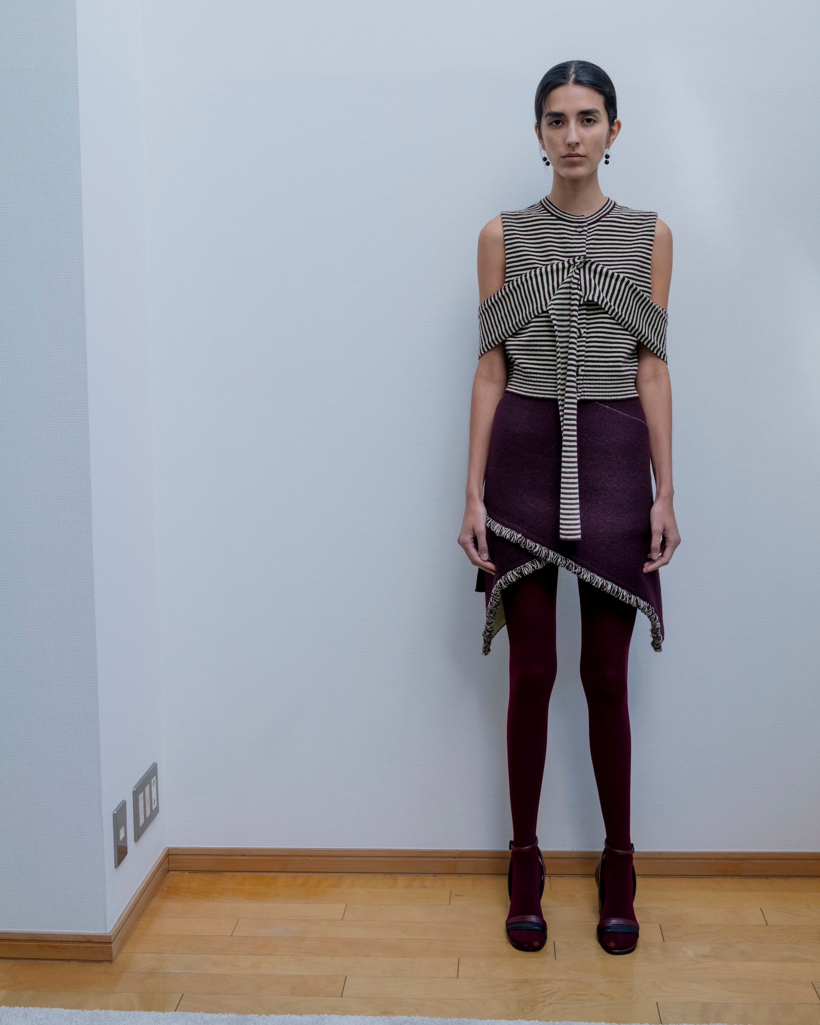 CASHMERE STRIPED KNIT VEST WITH LONG SCARF [CAMEL×LAVENDER]