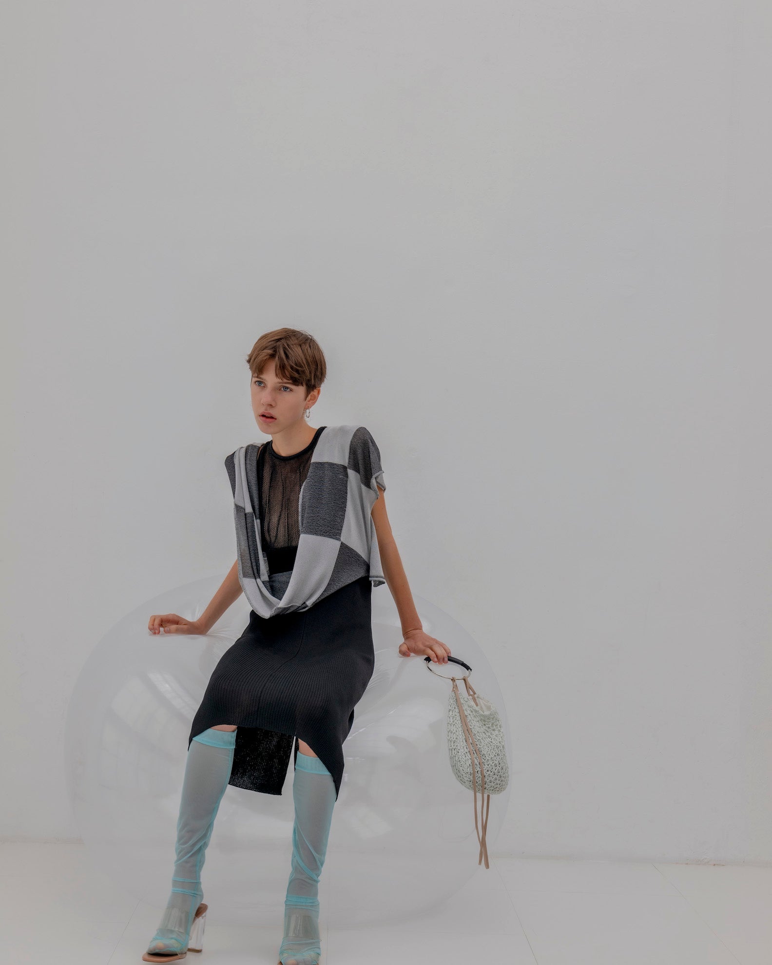 BLOCK CHECKED SCALF DRESS [BLACK]