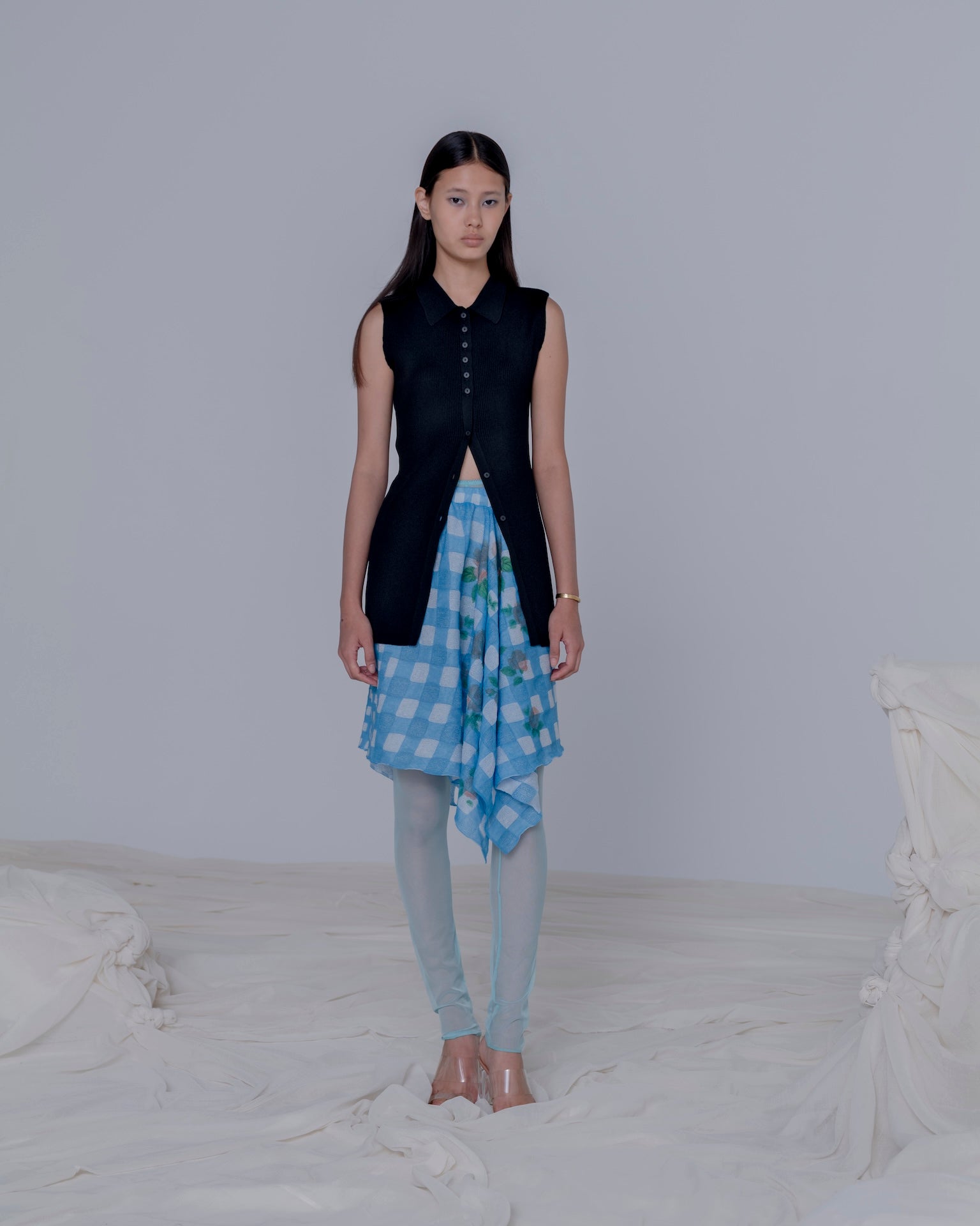 FLOWER PRINTED GINGHAM KNIT SKIRT [BLUE]