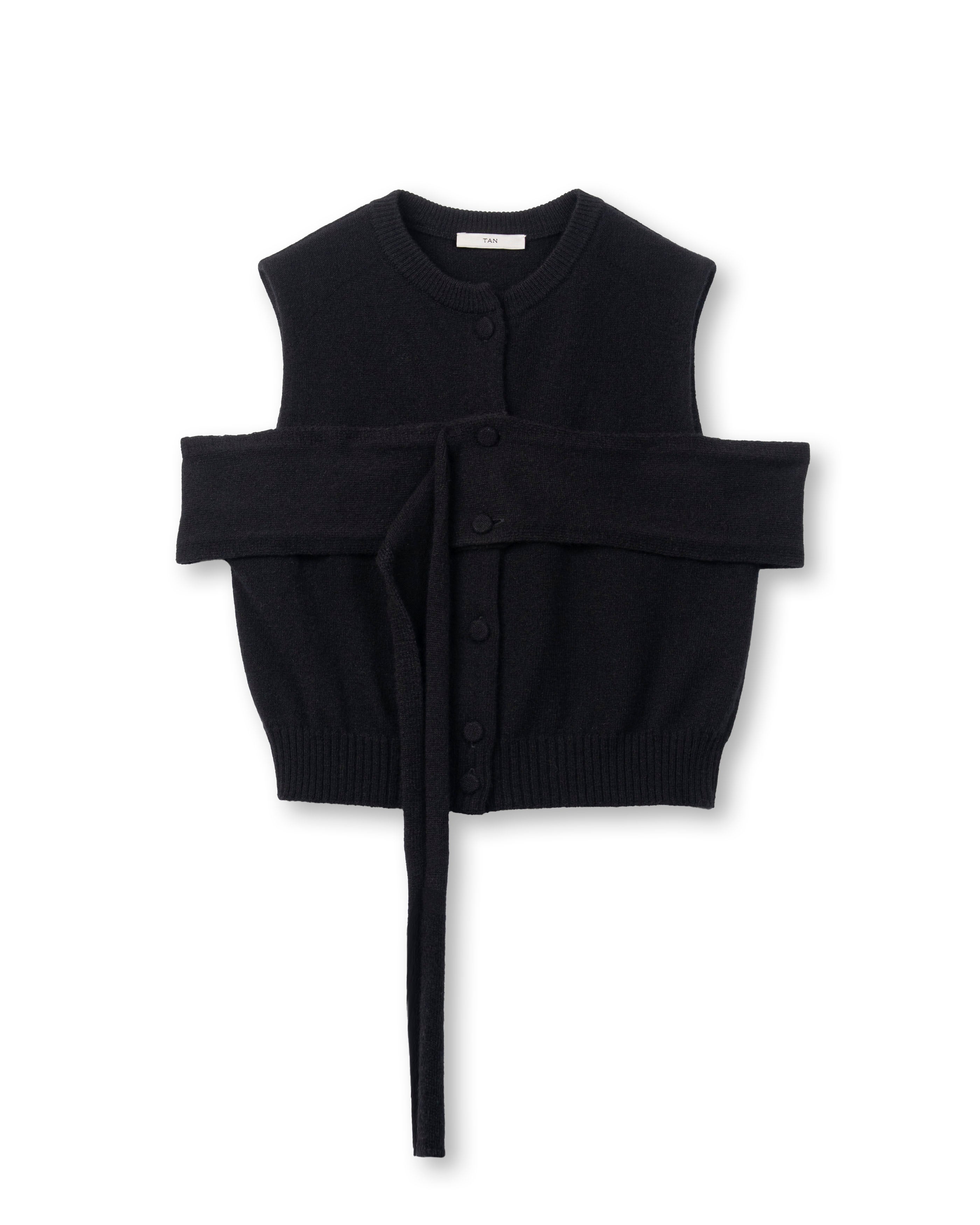 CASHMERE STRIPED KNIT VEST WITH LONG SCARF [BLACK]