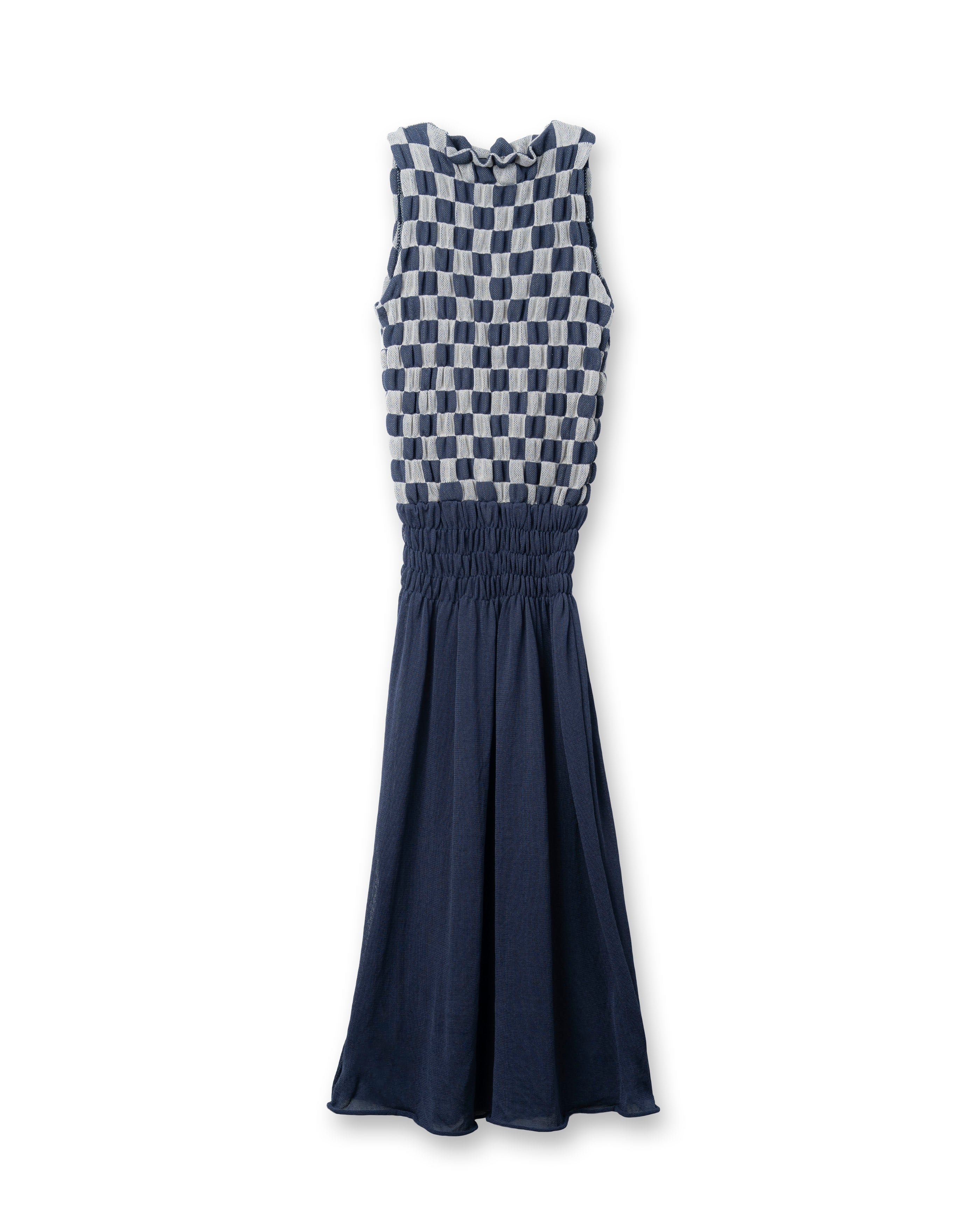 SHIRRING CHECKED DRESS [NAVY]
