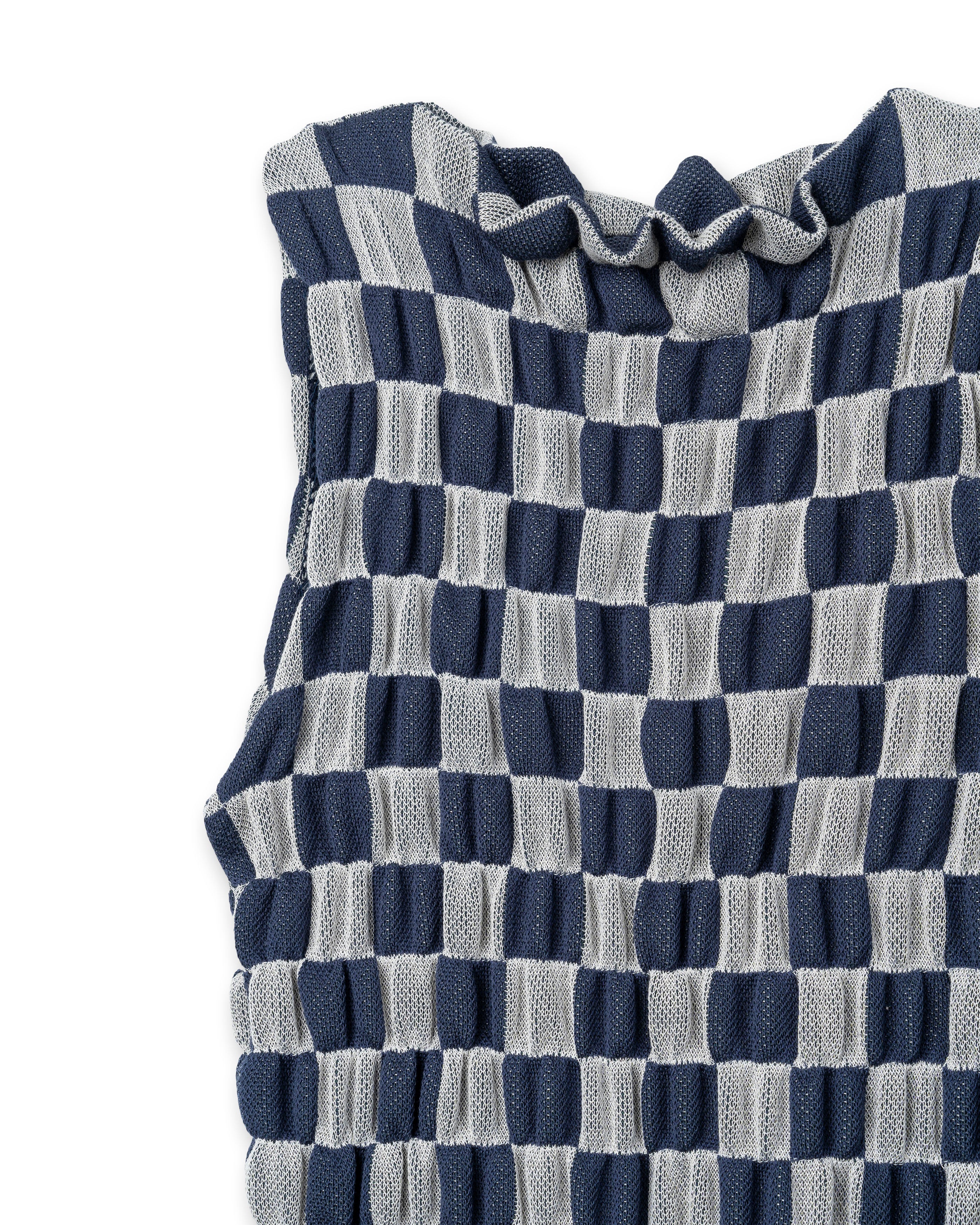 SHIRRING CHECKED DRESS [NAVY]