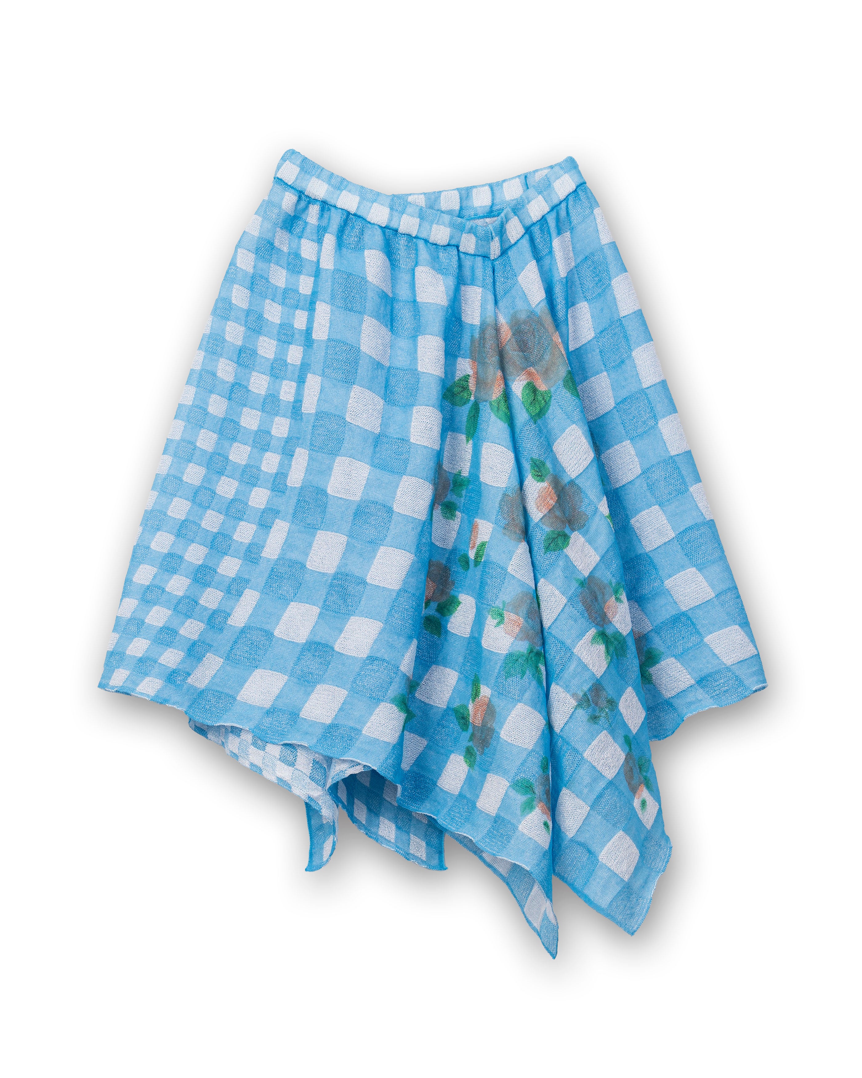 FLOWER PRINTED GINGHAM KNIT SKIRT [BLUE]