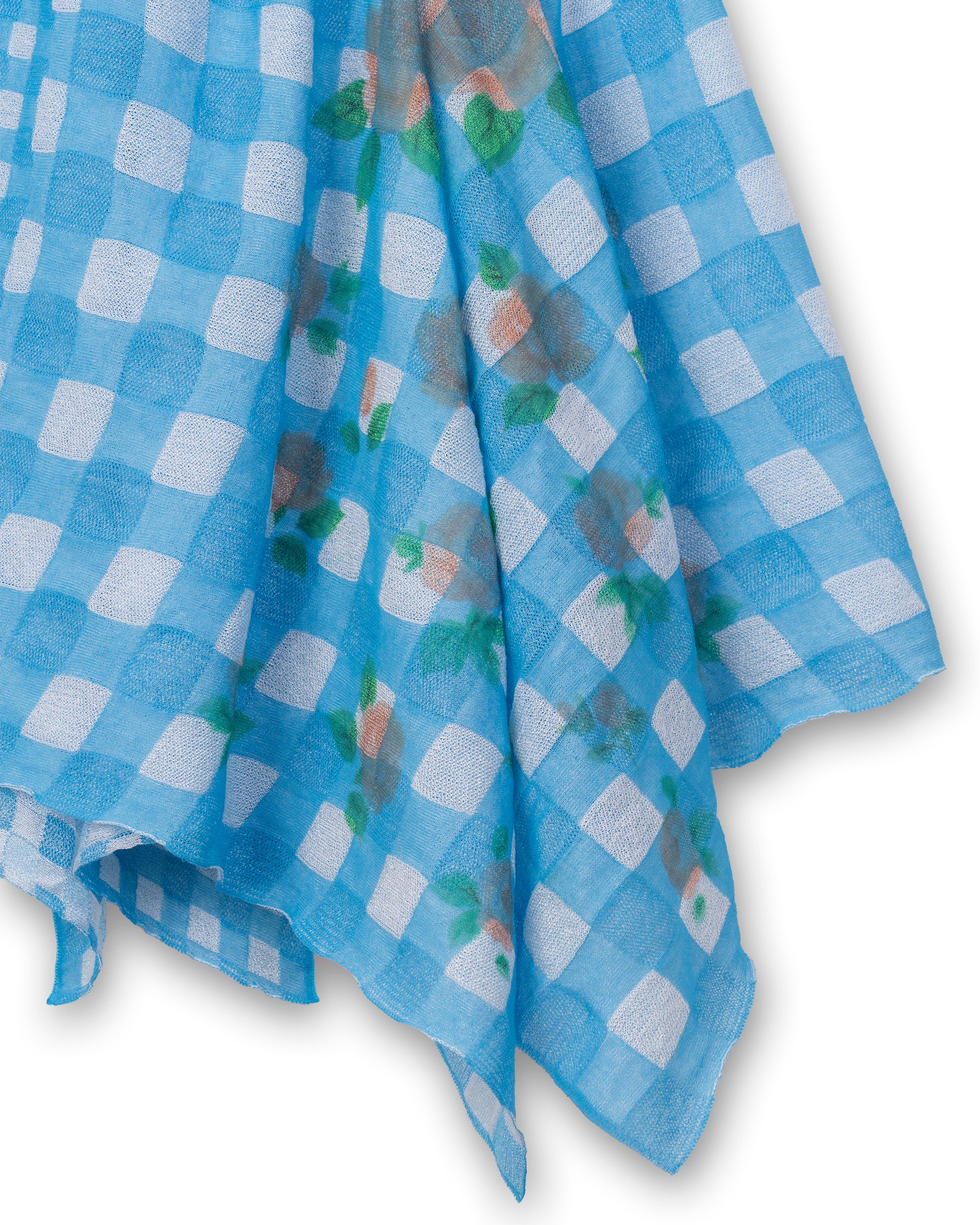 FLOWER PRINTED GINGHAM KNIT SKIRT [BLUE]