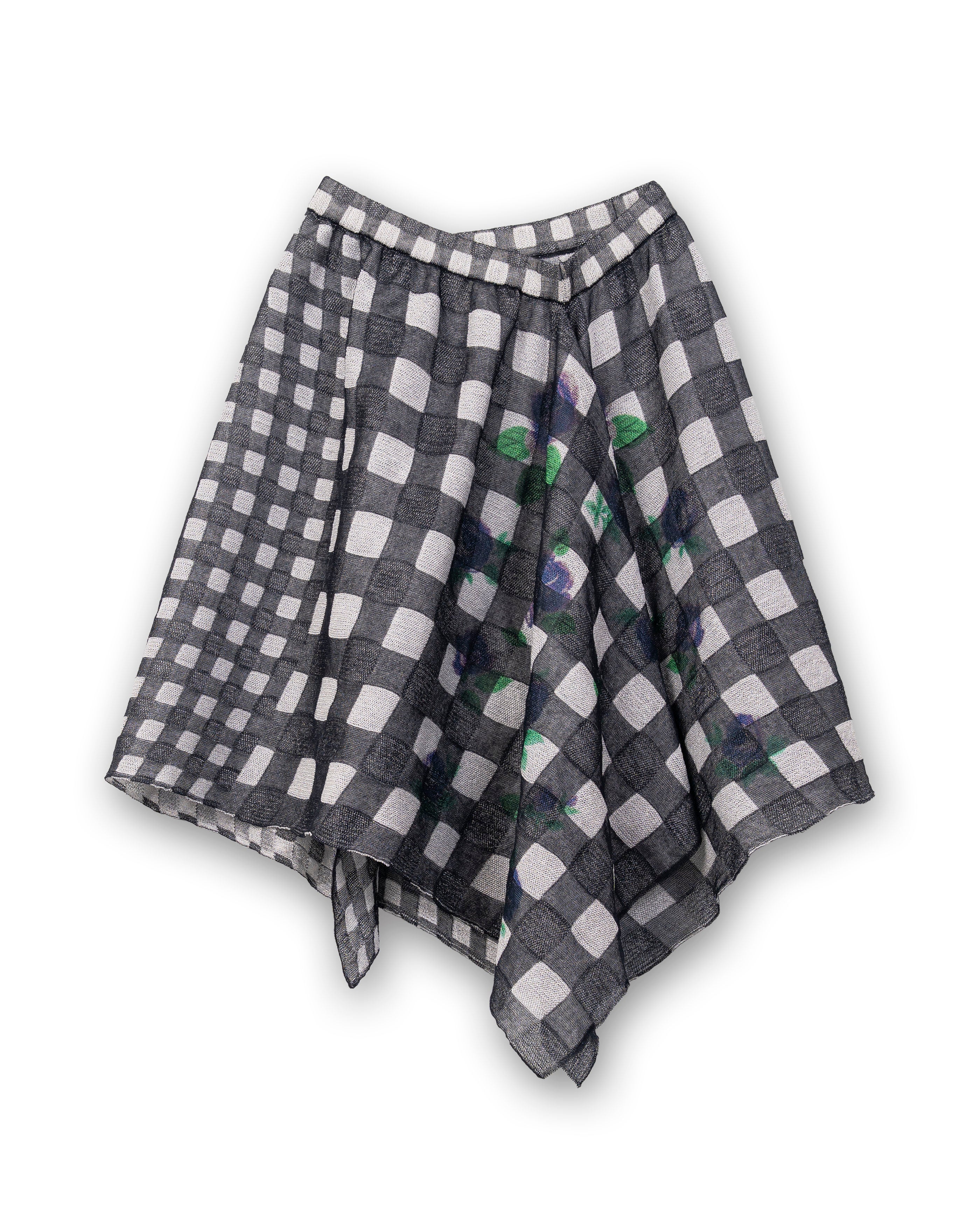FLOWER PRINTED GINGHAM KNIT SKIRT [NAVY]