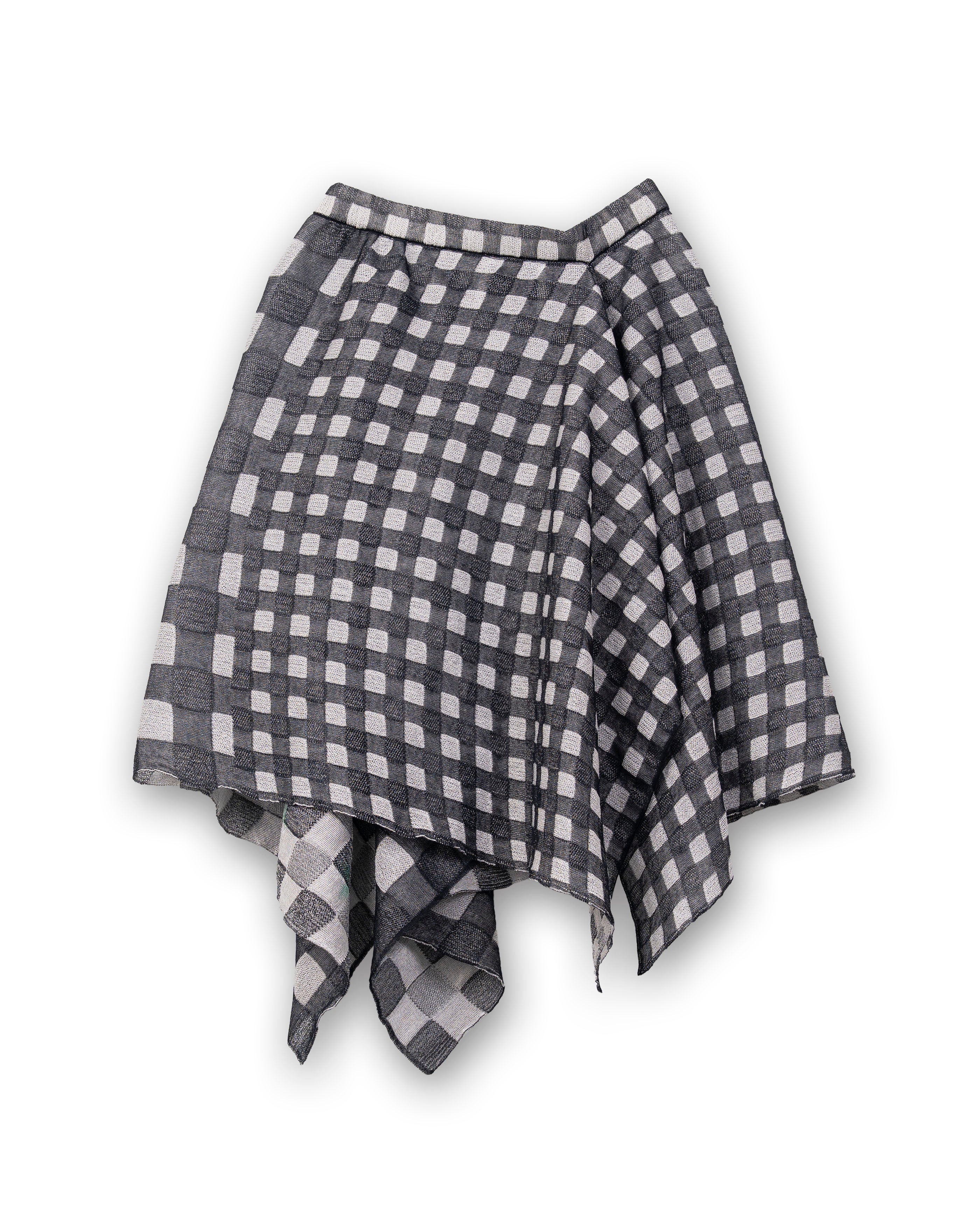 FLOWER PRINTED GINGHAM KNIT SKIRT [NAVY]