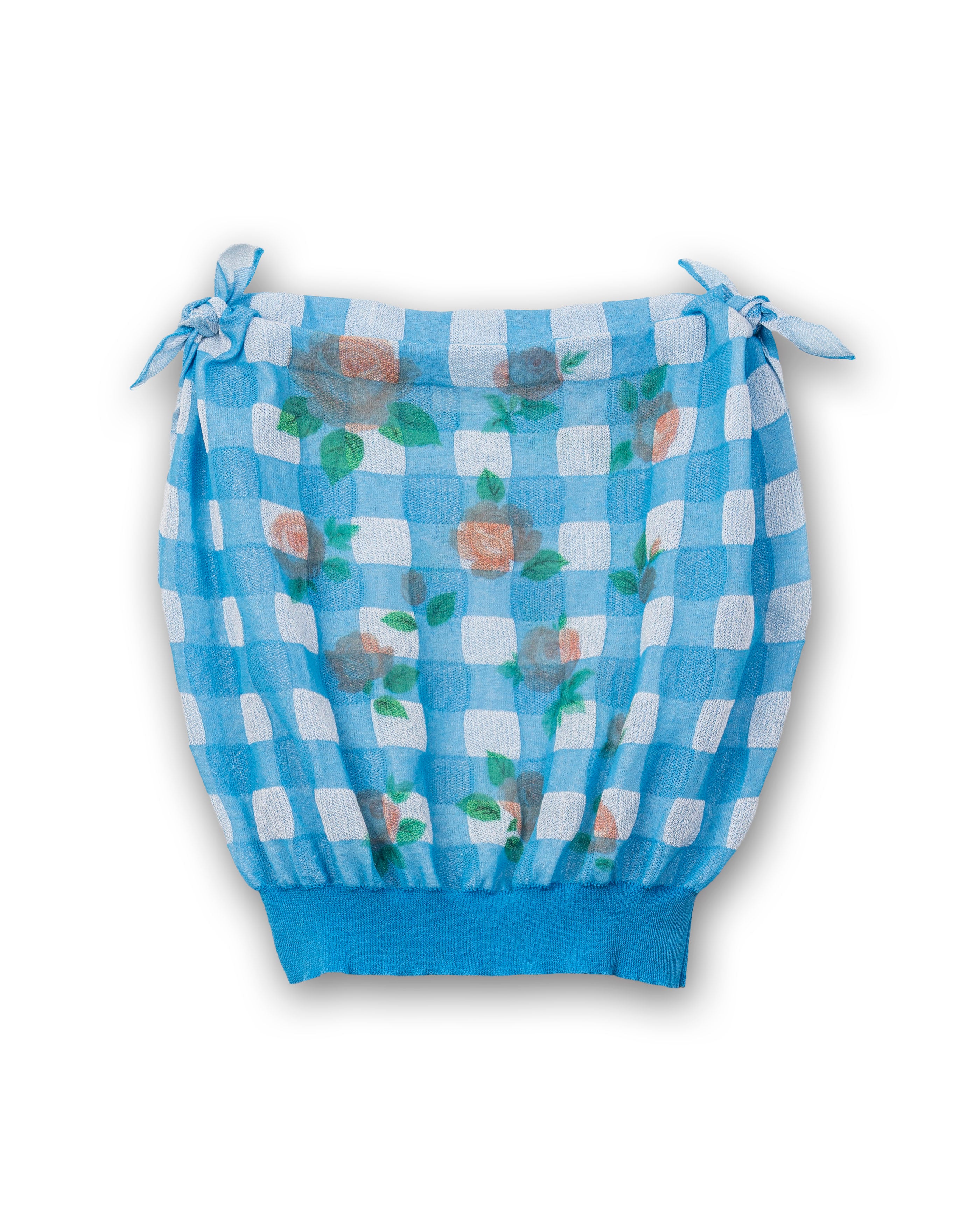 FLOWER PRINTED GINGHAM KNIT TOP [BLUE]