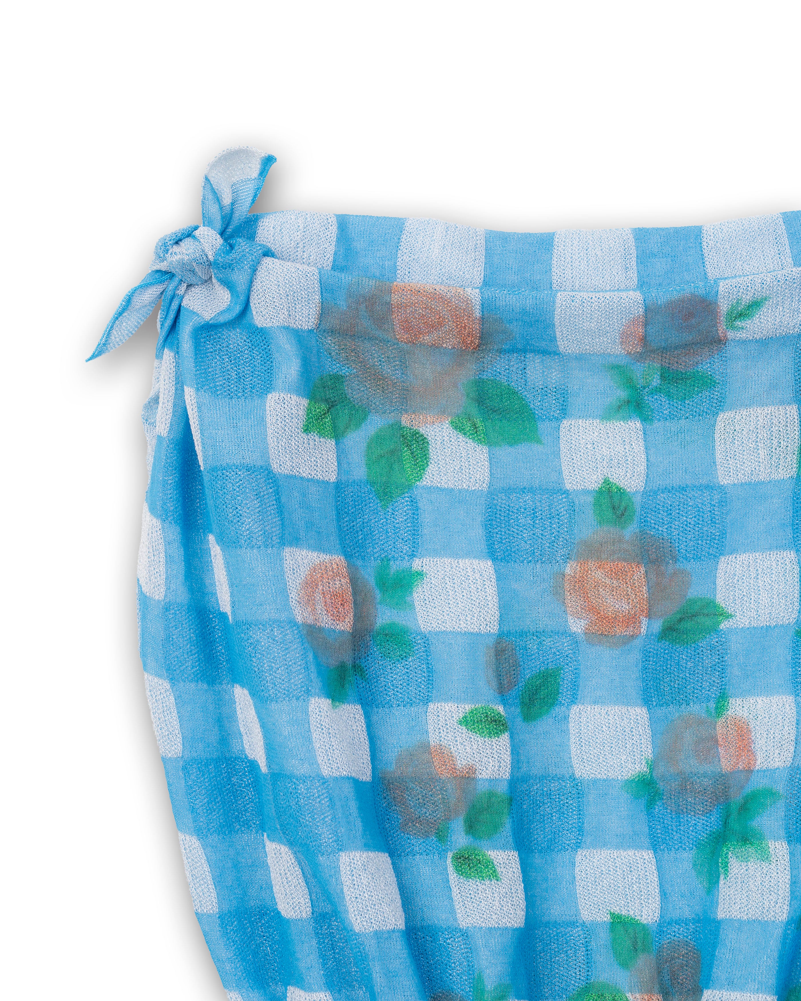 FLOWER PRINTED GINGHAM KNIT TOP [BLUE]