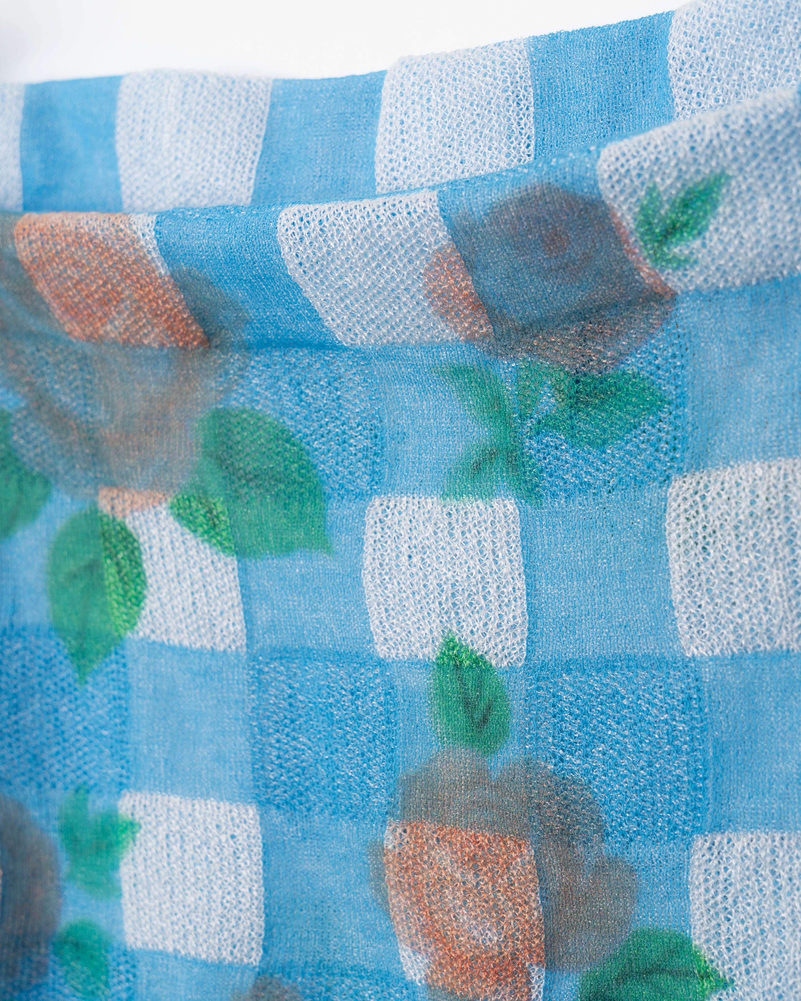 FLOWER PRINTED GINGHAM KNIT TOP [BLUE]