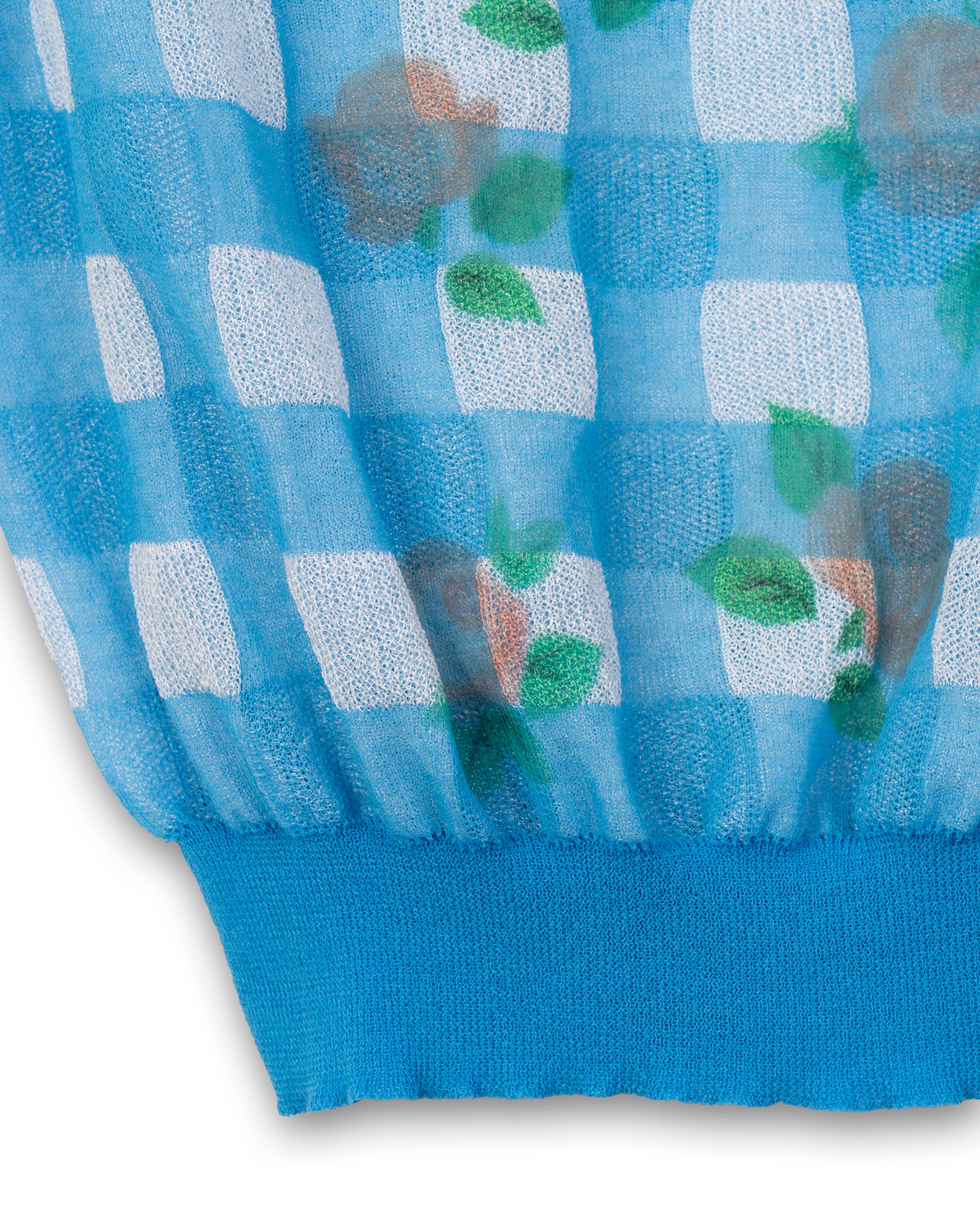 FLOWER PRINTED GINGHAM KNIT TOP [BLUE]